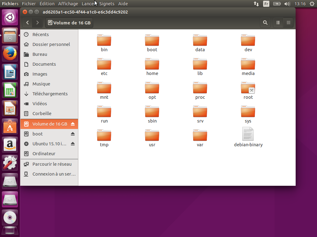 L'explorateur de fichiers Ubuntu affiche les deux partitions