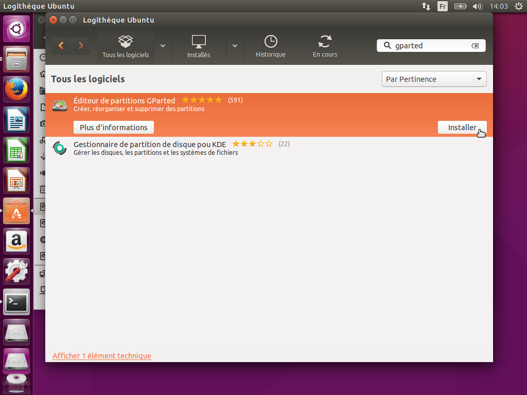 Installer l'utilitaire gparted depuis l'Appstore d'Ubuntu
